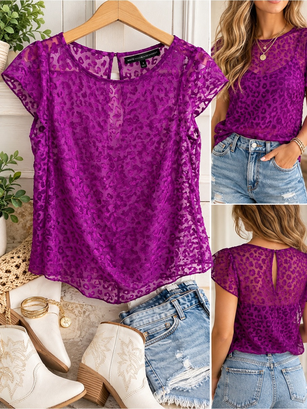 White House Black Market Purple Sheer Leopard Cap-Sleeve Top